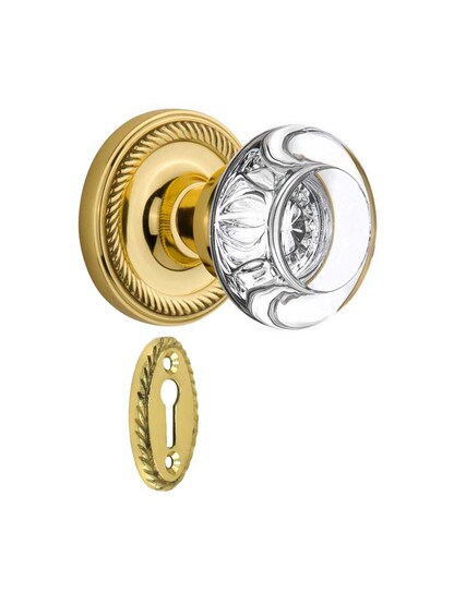 Rope Rosette Mortise-Lock Set with Round Crystal Glass Knobs in Polished Brass.